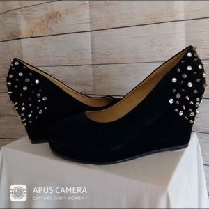 Black Velvet Studded Wedges, NWT